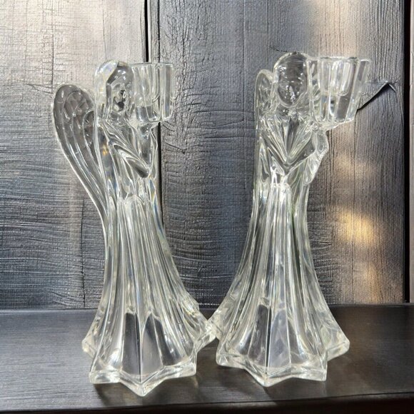 MIKASA Clear Heavy Crystal Glass Angel Candle Stick Holder Set 2 Made In Germany - Picture 1 of 10